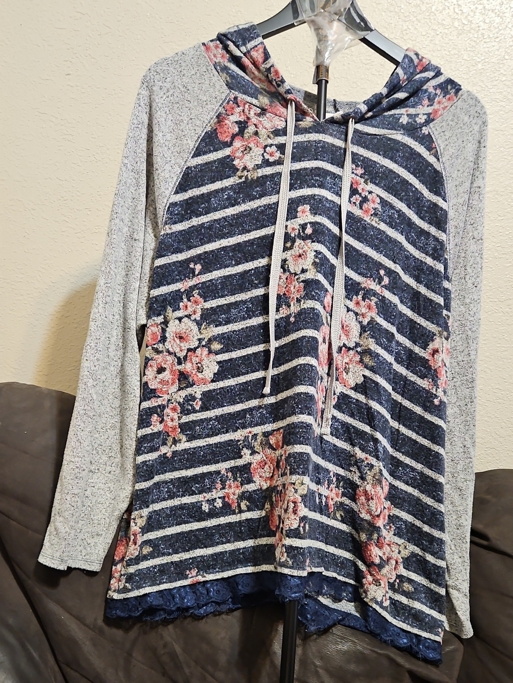 Maurices Navy Striped Floral Hooded Pullover with Gray Sleeves